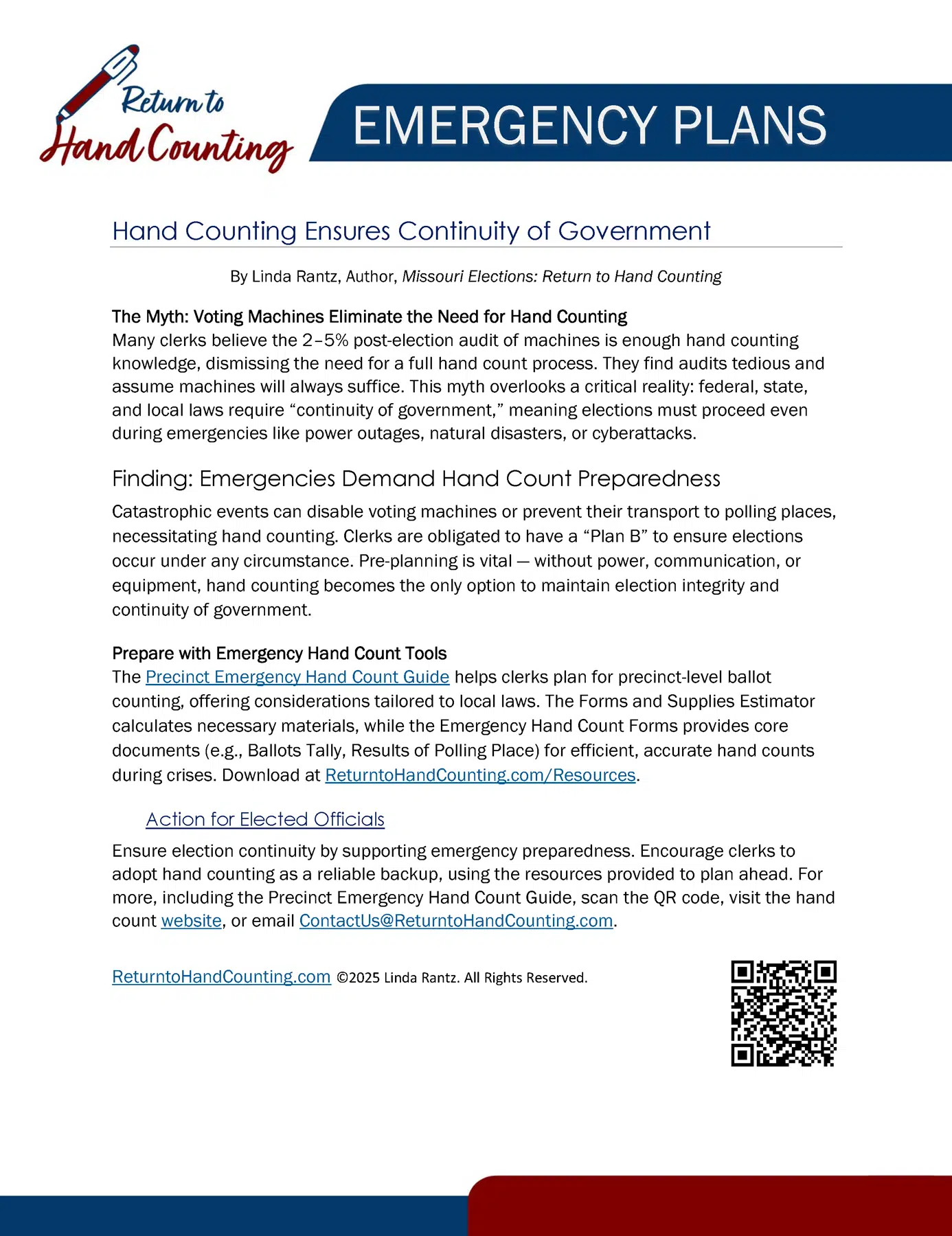 Emergency Plans One-Pager Hand Counting Ensures Continuity of Government
