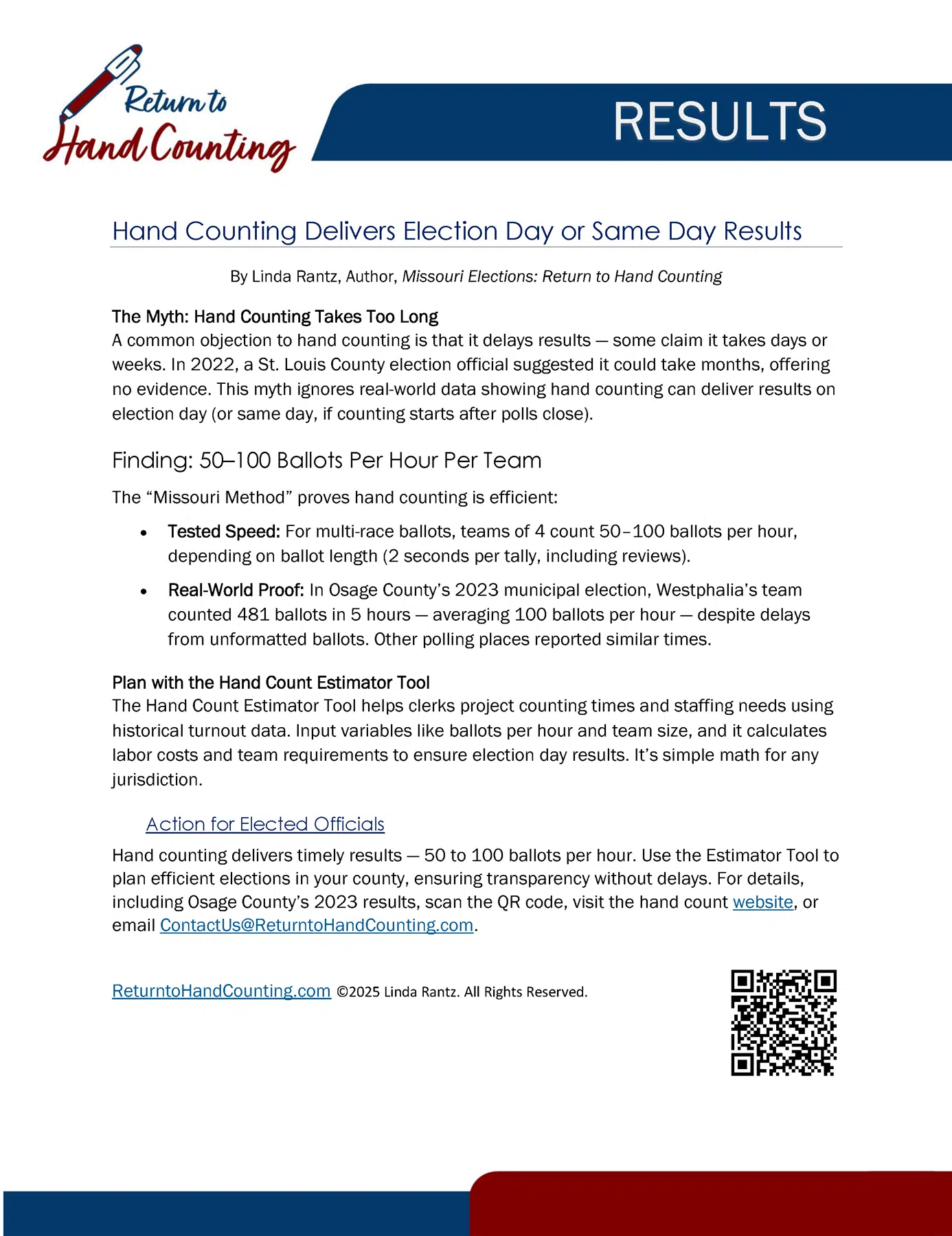 Results One-Pager Hand Counting Delivers Election Day or Same Day Results