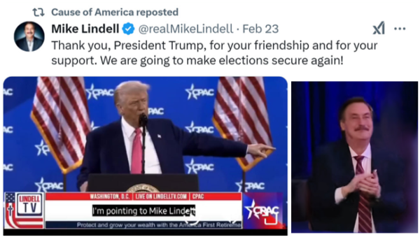 Trump pointing Mike Lindell X post Lindelltv