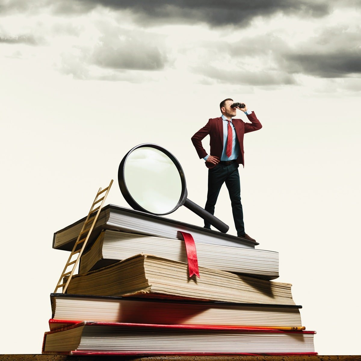 Man seeking truth magnifier binoculars research books ladder