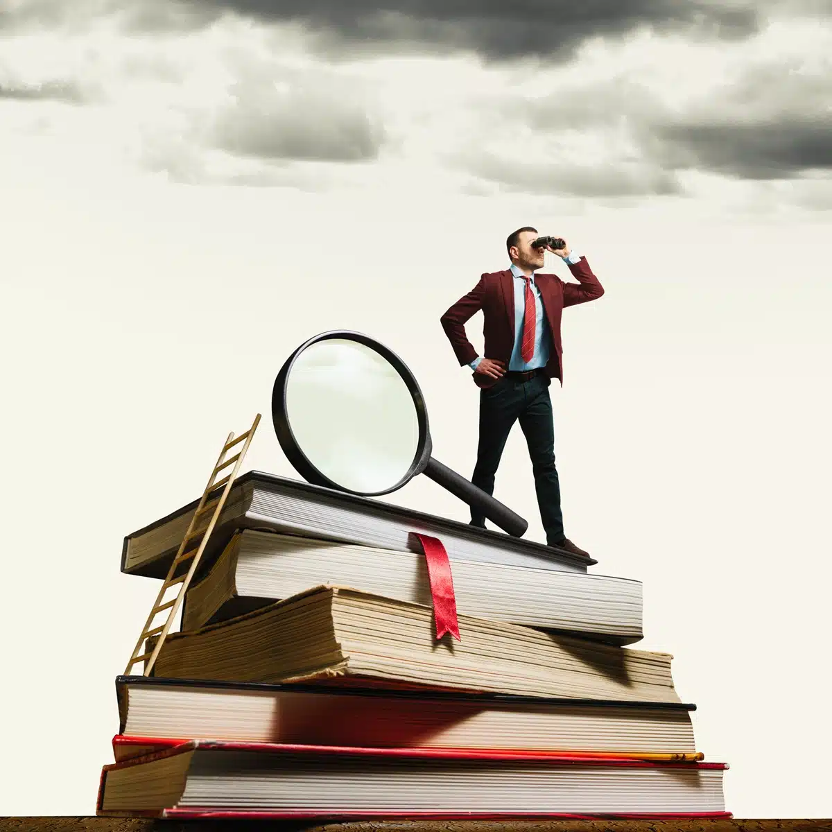Man seeking truth magnifier binoculars research books ladder Man seeking truth magnifier binoculars research books ladder