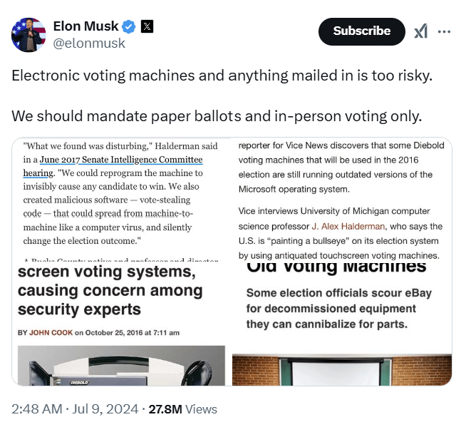 X post @elonmusk elon musk voting machines too risky