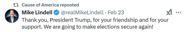 X post Mike Lindell thanking Trump secure elections